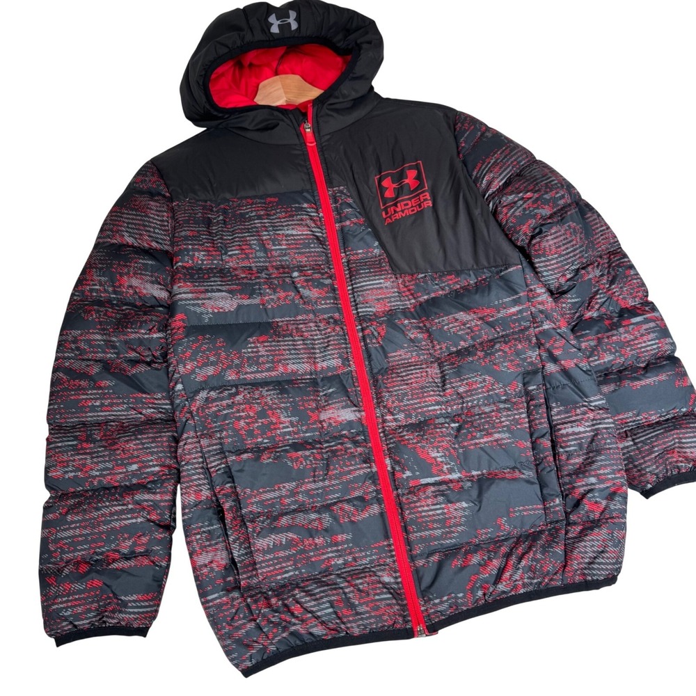 Under Armour‎ Kids Hooded Down Puffer Jacket Black Red Camo ColdGear Youth Large